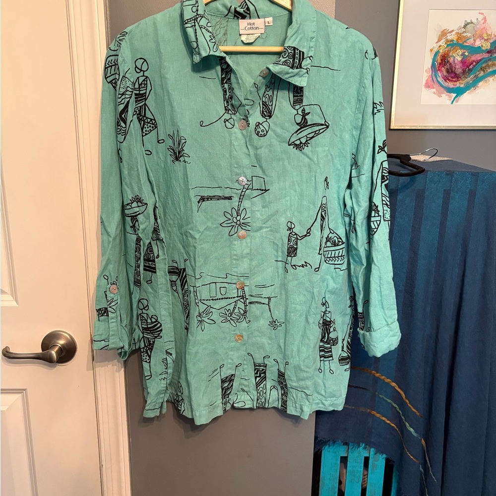 Hot Cotton Turquoise Shirt with Black Pattern